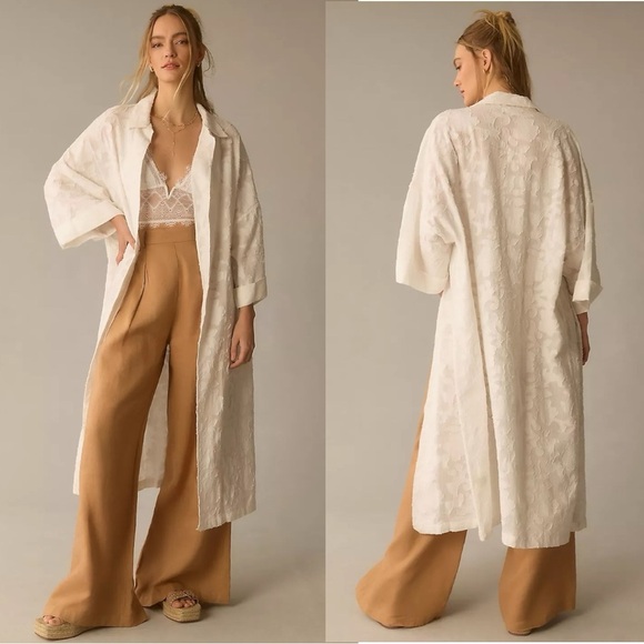 Anthropologie Textured Collared Kimono Open Front Duster Jacket White One Size - Picture 1 of 13